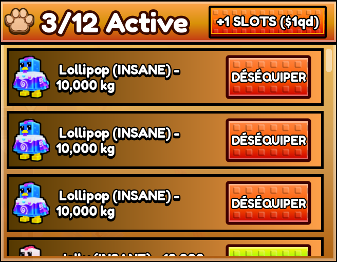 Three Lollipop INSANE chickens shown at 10,000kg in the backpack UI