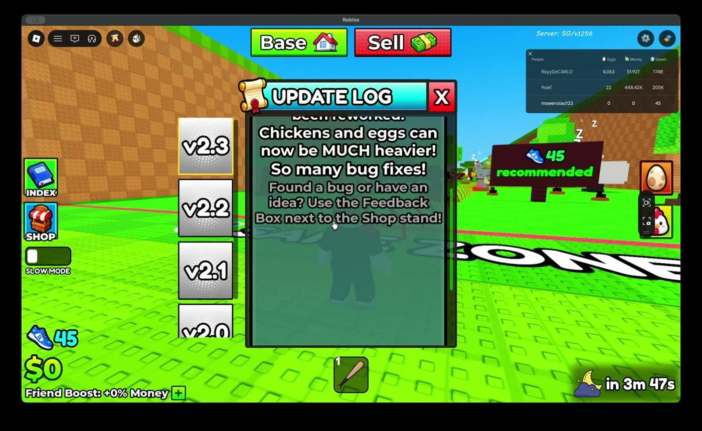 Steal a Chicken v2.3 update log stating the Fuse Machine was reworked